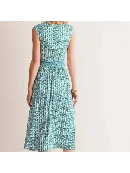 Boden THEA Floral Smocked MIDI SLEEVELESS Women 4 GREEN TAMBOURINE DAISIES - Picture 4 of 9